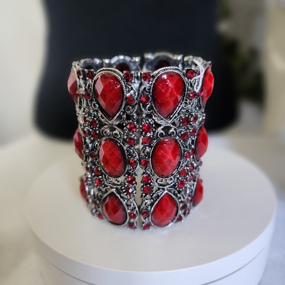 Silver Red Extra Wide Open Cuff Stretch Bracelet - Picture 1 of 7